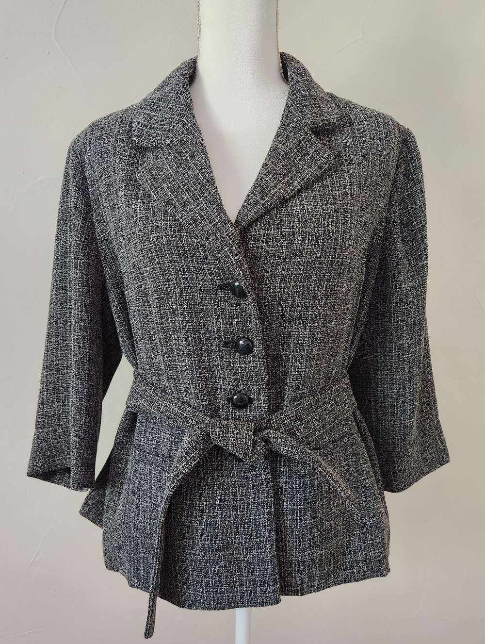 Cato Gray Tweed Buttoned Blazer with Waist Tie